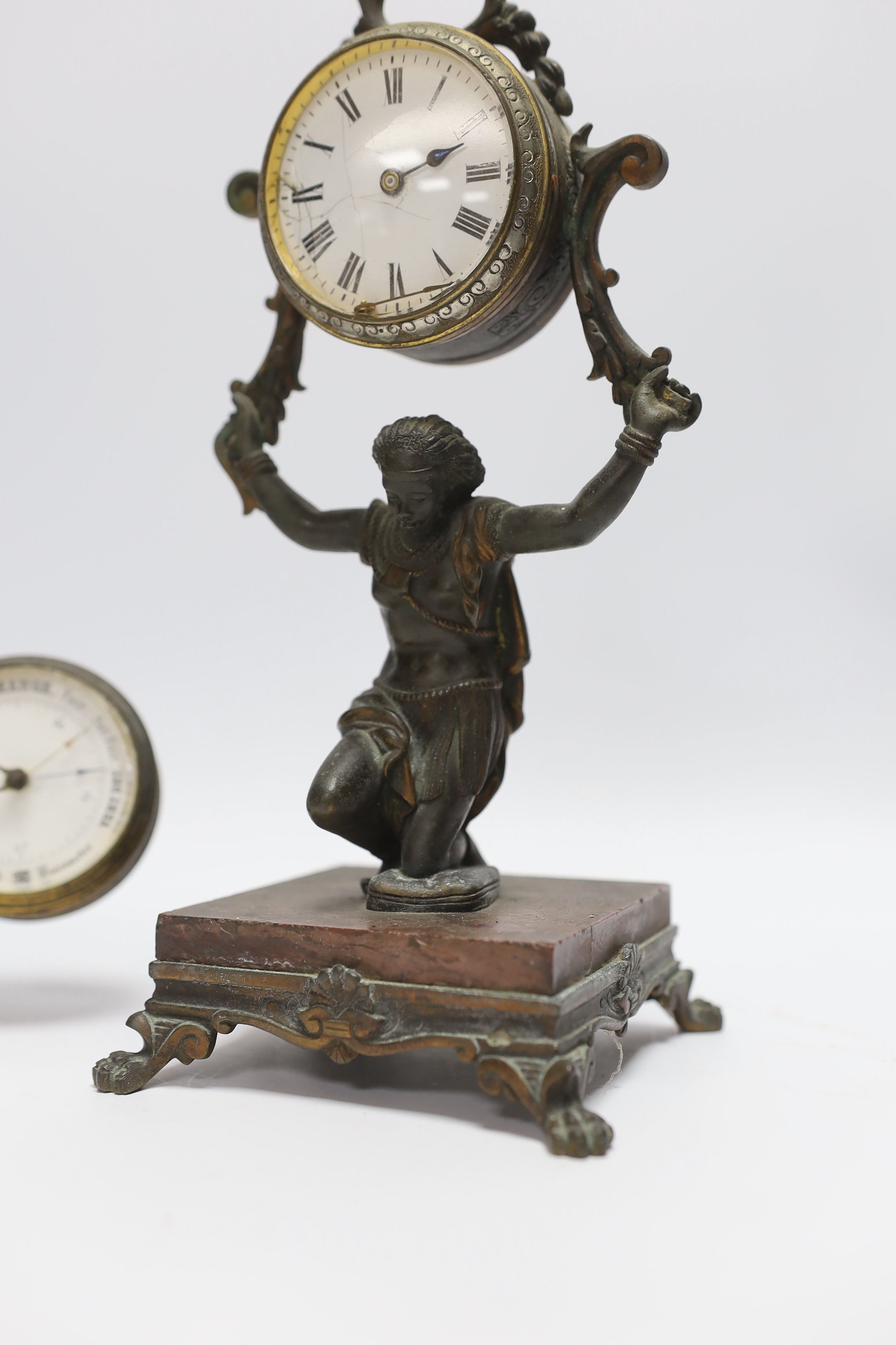 A Victorian gilt brass desk clock/barometer and a figural timepiece, 26cm